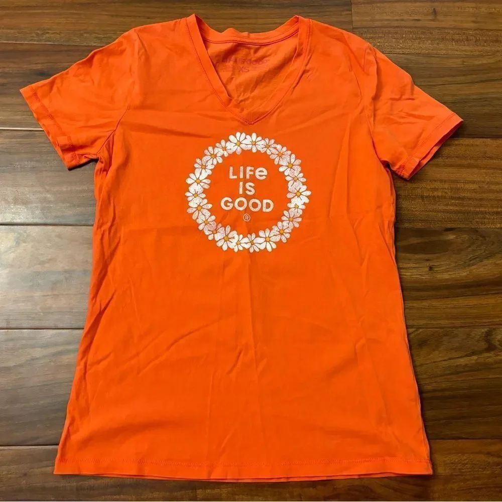 Life is Good orange flower short sleeve v neck tee shirt